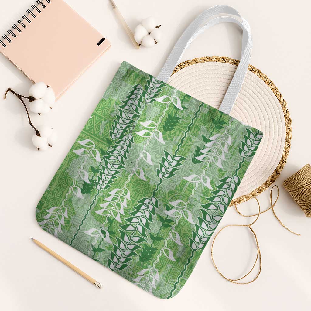 Green Hawaii Tapa Pattern Tote Bag With Heliconia Vintage Style LT05 White Strap One Size Green - Polynesian Pride