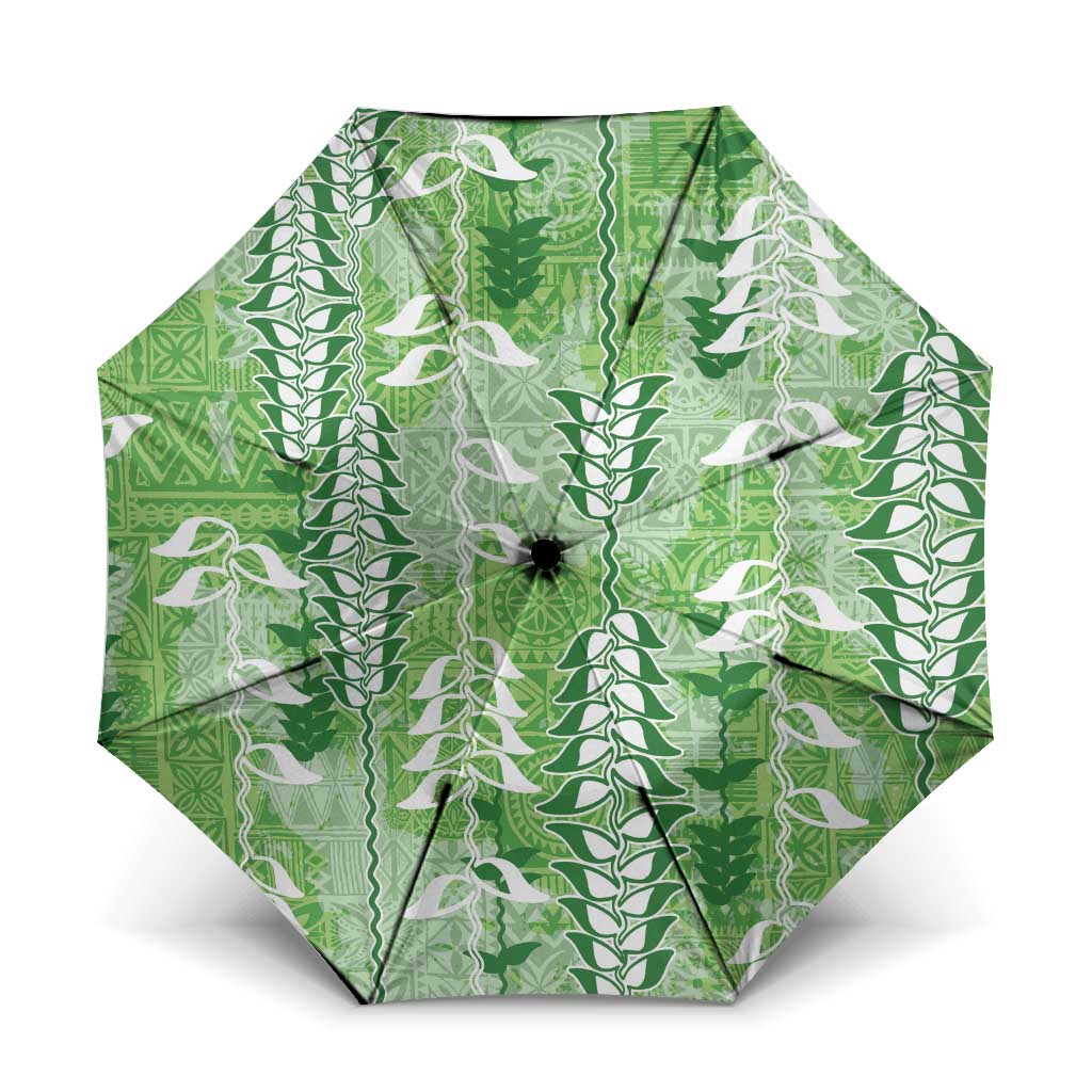 Green Hawaii Tapa Pattern Umbrella With Heliconia Vintage Style LT05 One Size Folded 11.42 inch Opened Diameter 37.4 inch Green - Polynesian Pride
