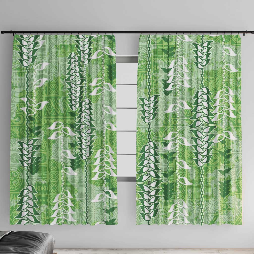 Green Hawaii Tapa Pattern Window Curtain With Heliconia Vintage Style LT05 With Hooks Green - Polynesian Pride