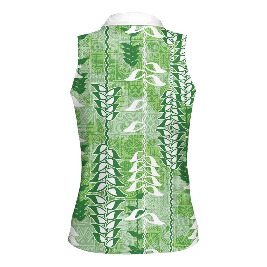 Green Hawaii Tapa Pattern Women Sleeveless Polo Shirt With Heliconia Vintage Style LT05 - Polynesian Pride