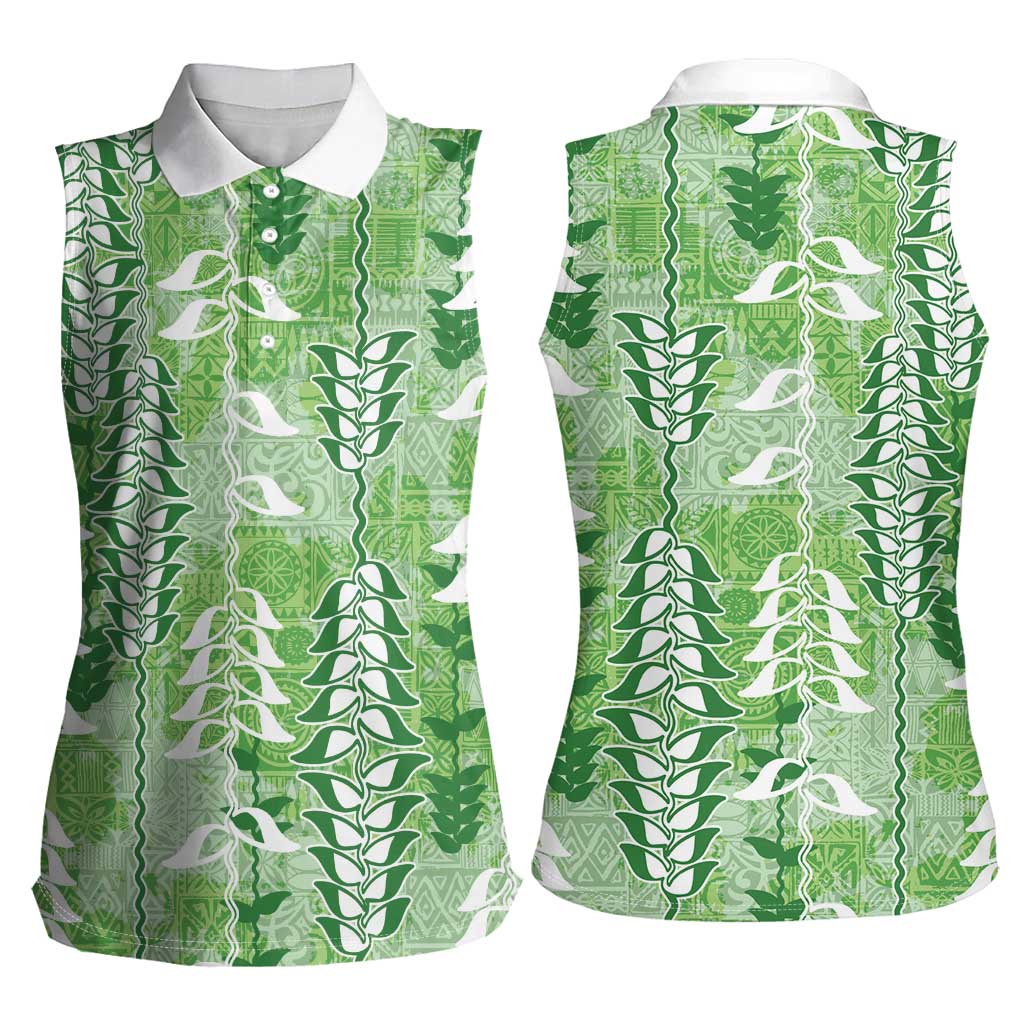 Green Hawaii Tapa Pattern Women Sleeveless Polo Shirt With Heliconia Vintage Style LT05 - Polynesian Pride