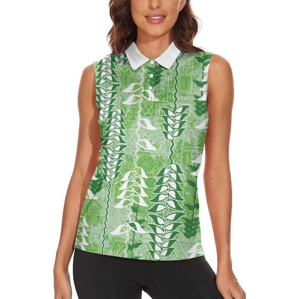 Green Hawaii Tapa Pattern Women Sleeveless Polo Shirt With Heliconia Vintage Style LT05 - Polynesian Pride