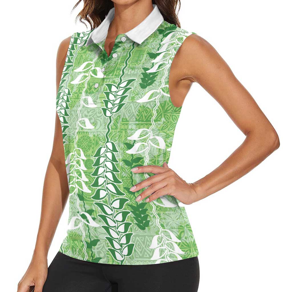 Green Hawaii Tapa Pattern Women Sleeveless Polo Shirt With Heliconia Vintage Style LT05 - Polynesian Pride