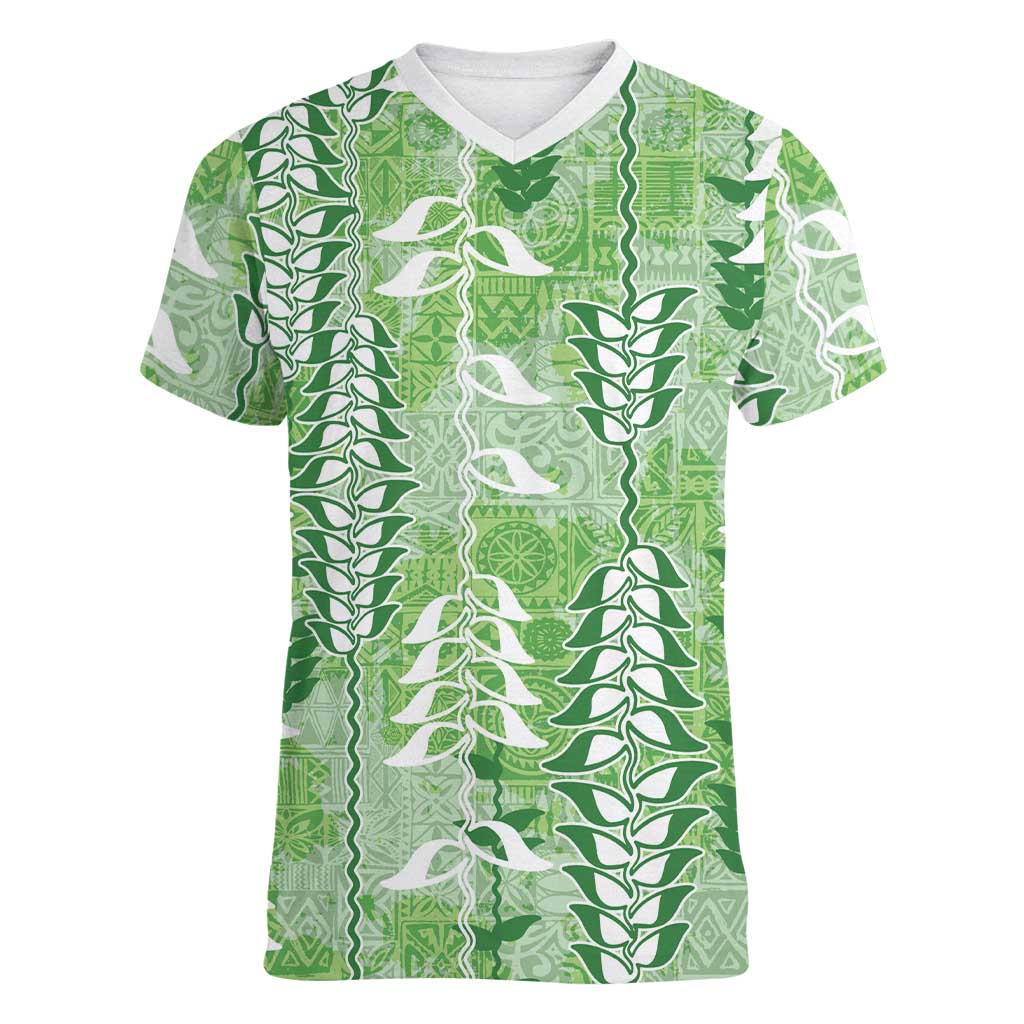 Green Hawaii Tapa Pattern Women V-Neck T-Shirt With Heliconia Vintage Style LT05 Female Green - Polynesian Pride