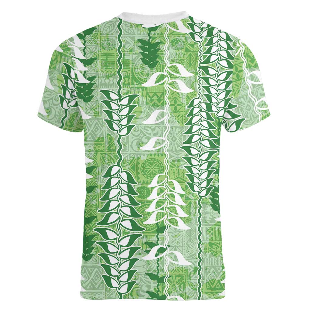 Green Hawaii Tapa Pattern Women V-Neck T-Shirt With Heliconia Vintage Style LT05 - Polynesian Pride