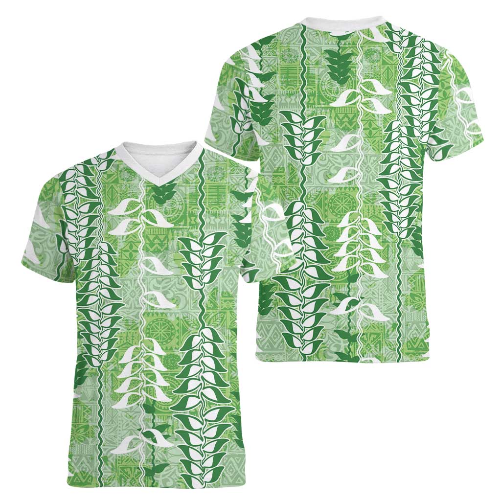 Green Hawaii Tapa Pattern Women V-Neck T-Shirt With Heliconia Vintage Style LT05 - Polynesian Pride