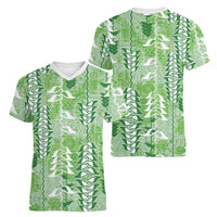Green Hawaii Tapa Pattern Women V-Neck T-Shirt With Heliconia Vintage Style LT05 - Polynesian Pride
