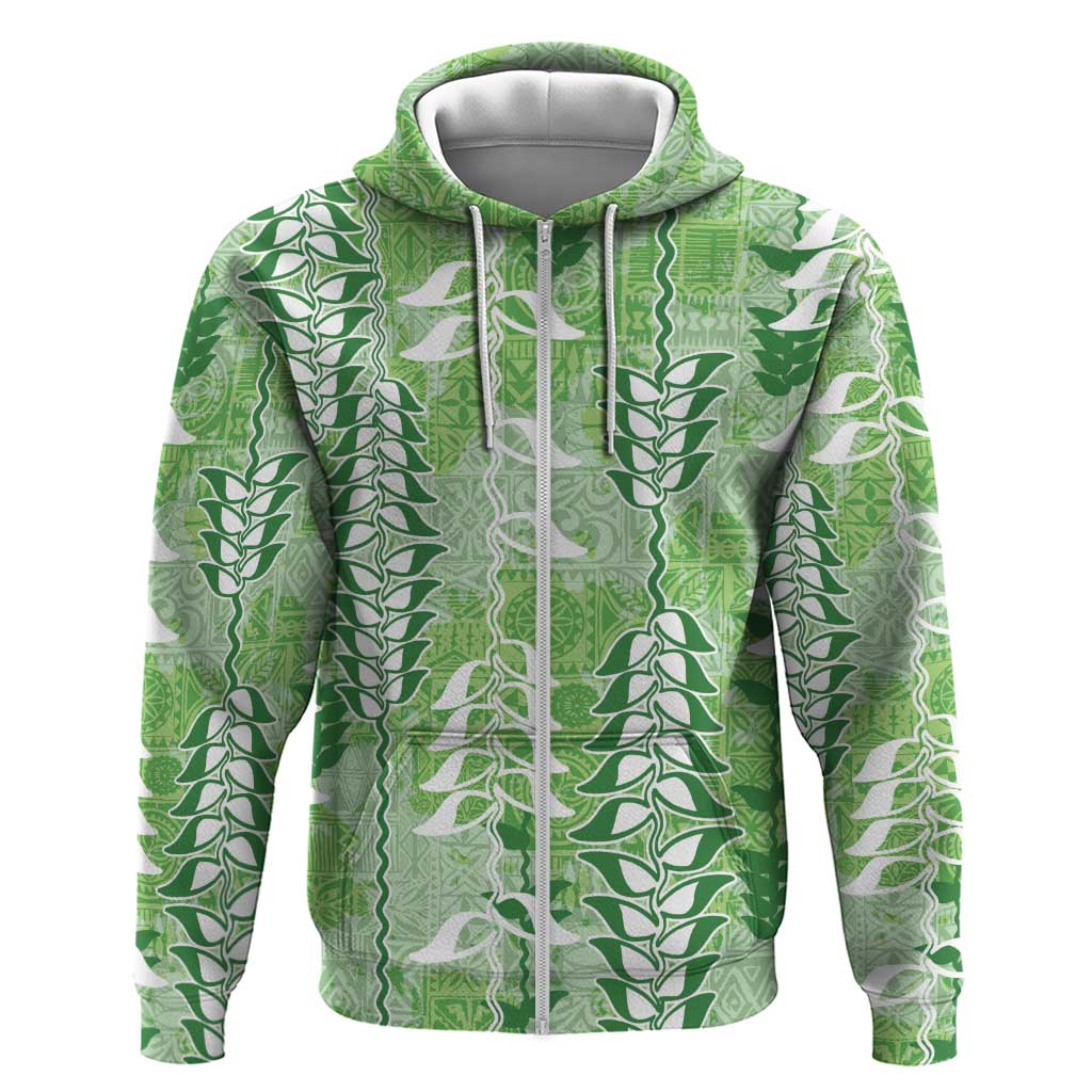 Green Hawaii Tapa Pattern Zip Hoodie With Heliconia Vintage Style LT05 Zip Hoodie Green - Polynesian Pride