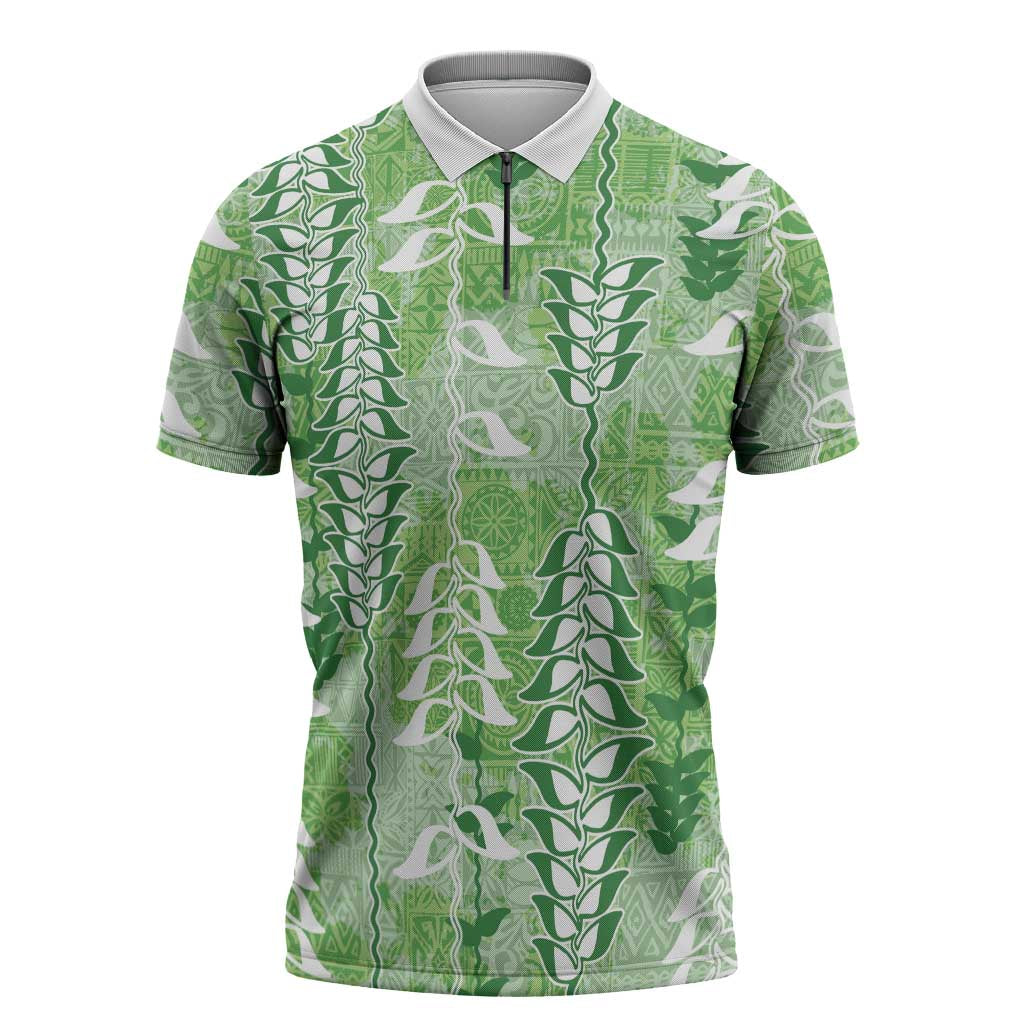 Green Hawaii Tapa Pattern Zipper Polo Shirt With Heliconia Vintage Style LT05 Green - Polynesian Pride