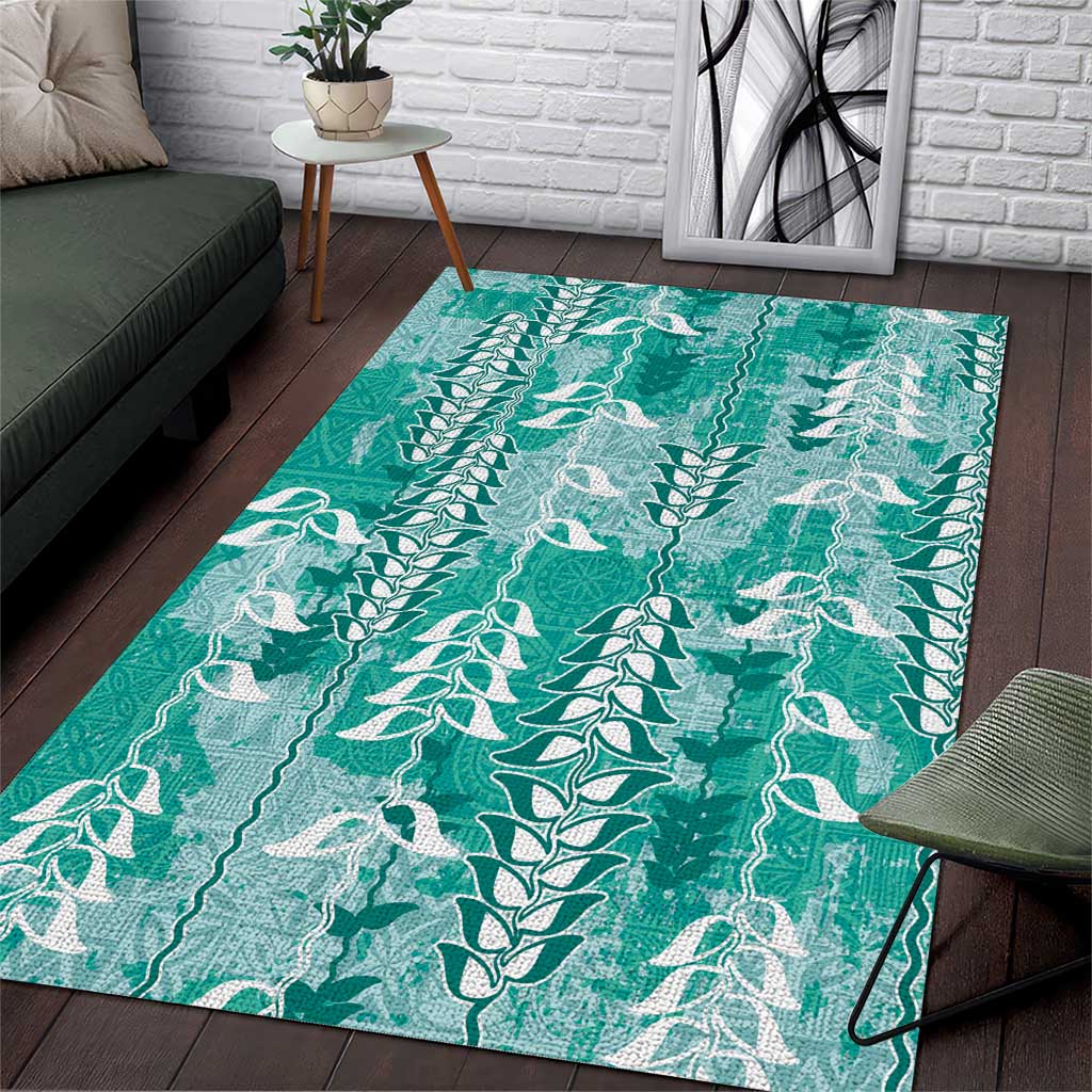 Teal Hawaii Tapa Pattern Area Rug With Heliconia Vintage Style