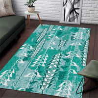 Teal Hawaii Tapa Pattern Area Rug With Heliconia Vintage Style