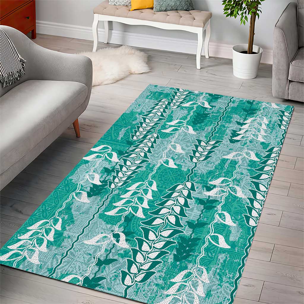 Teal Hawaii Tapa Pattern Area Rug With Heliconia Vintage Style