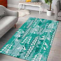 Teal Hawaii Tapa Pattern Area Rug With Heliconia Vintage Style