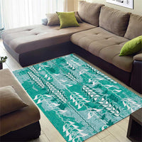 Teal Hawaii Tapa Pattern Area Rug With Heliconia Vintage Style