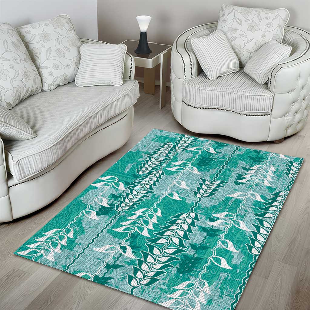 Teal Hawaii Tapa Pattern Area Rug With Heliconia Vintage Style