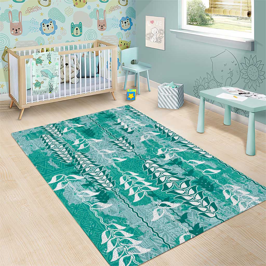 Teal Hawaii Tapa Pattern Area Rug With Heliconia Vintage Style