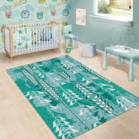 Teal Hawaii Tapa Pattern Area Rug With Heliconia Vintage Style