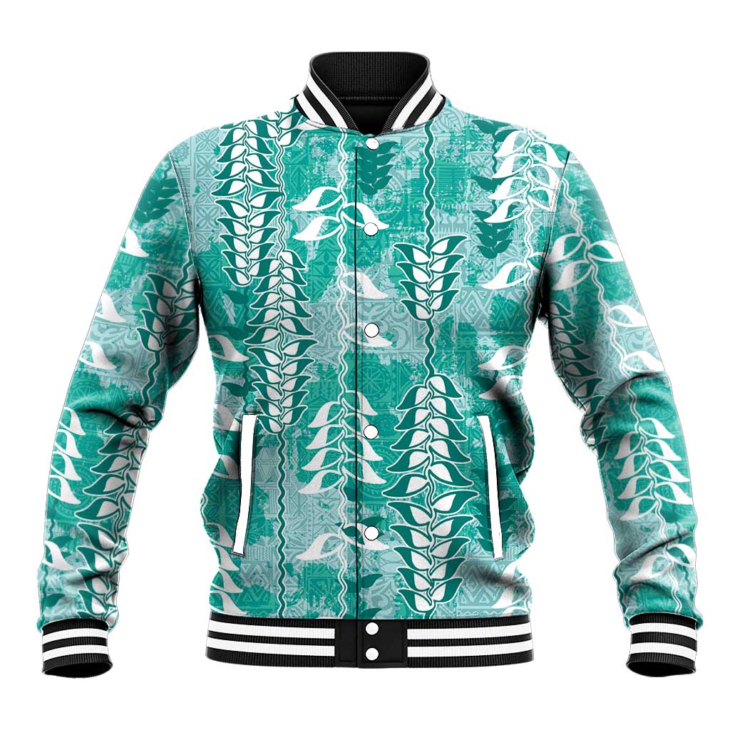 Teal Hawaii Tapa Pattern Baseball Jacket With Heliconia Vintage Style LT05 Unisex Teal - Polynesian Pride