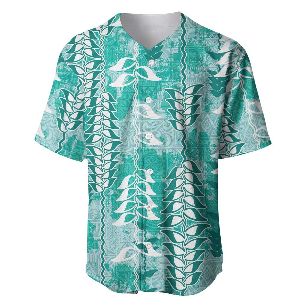 Teal Hawaii Tapa Pattern Baseball Jersey With Heliconia Vintage Style LT05 Teal - Polynesian Pride