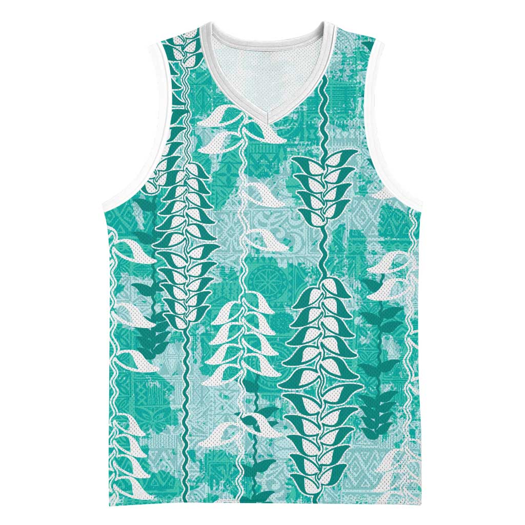 Teal Hawaii Tapa Pattern Basketball Jersey With Heliconia Vintage Style LT05 Unisex Teal - Polynesian Pride