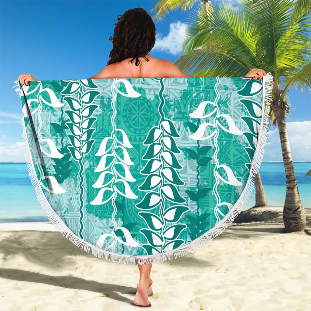 Teal Hawaii Tapa Pattern Beach Blanket With Heliconia Vintage Style LT05 - Polynesian Pride
