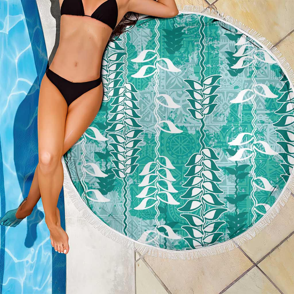 Teal Hawaii Tapa Pattern Beach Blanket With Heliconia Vintage Style LT05 - Polynesian Pride