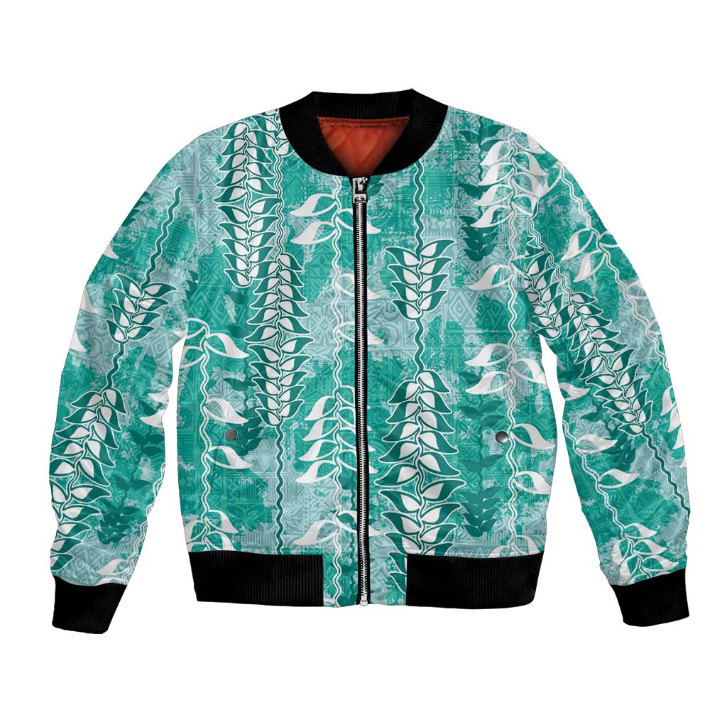 Teal Hawaii Tapa Pattern Bomber Jacket With Heliconia Vintage Style