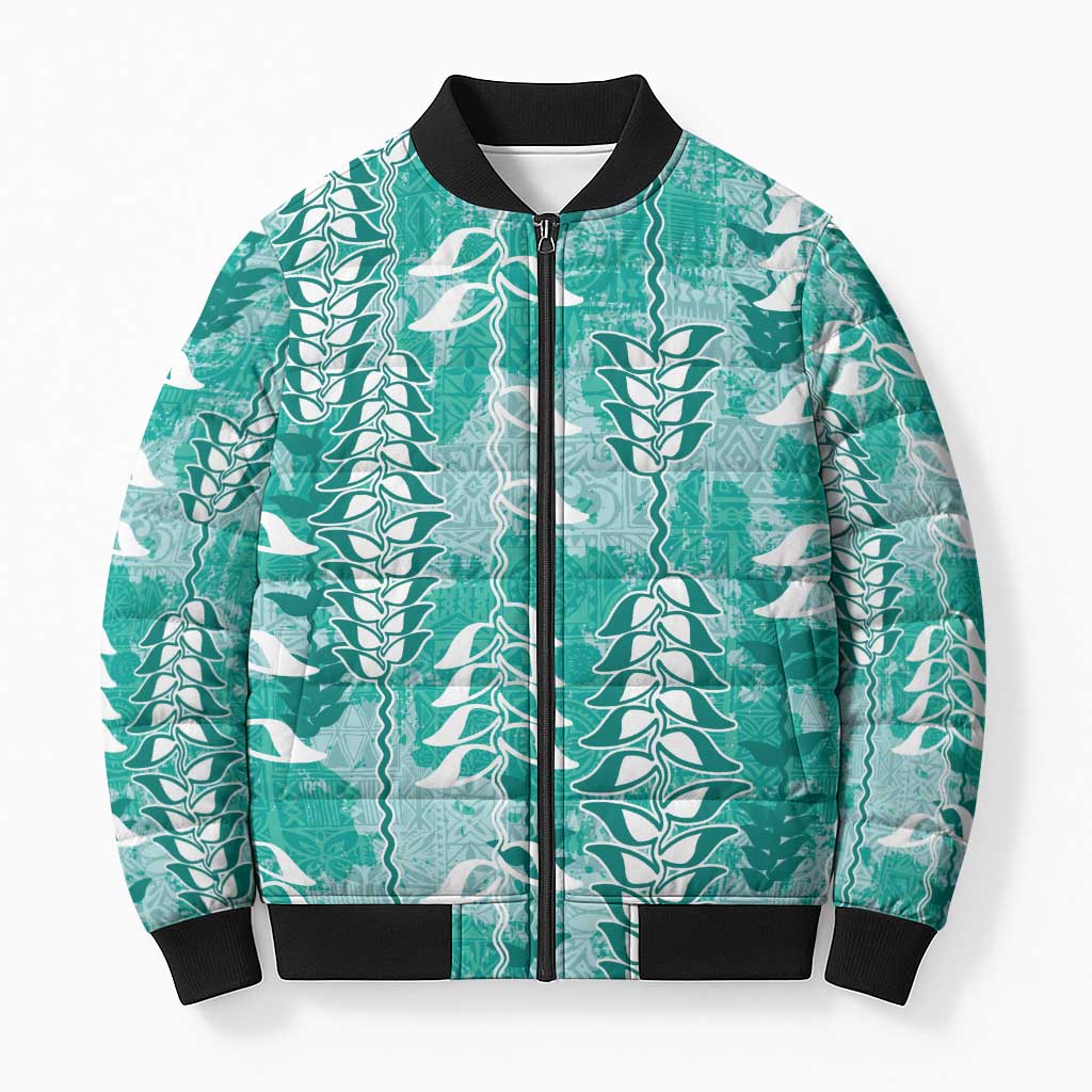Teal Hawaii Tapa Pattern Bomber Puffer Jacket With Heliconia Vintage Style LT05 Unisex Teal - Polynesian Pride