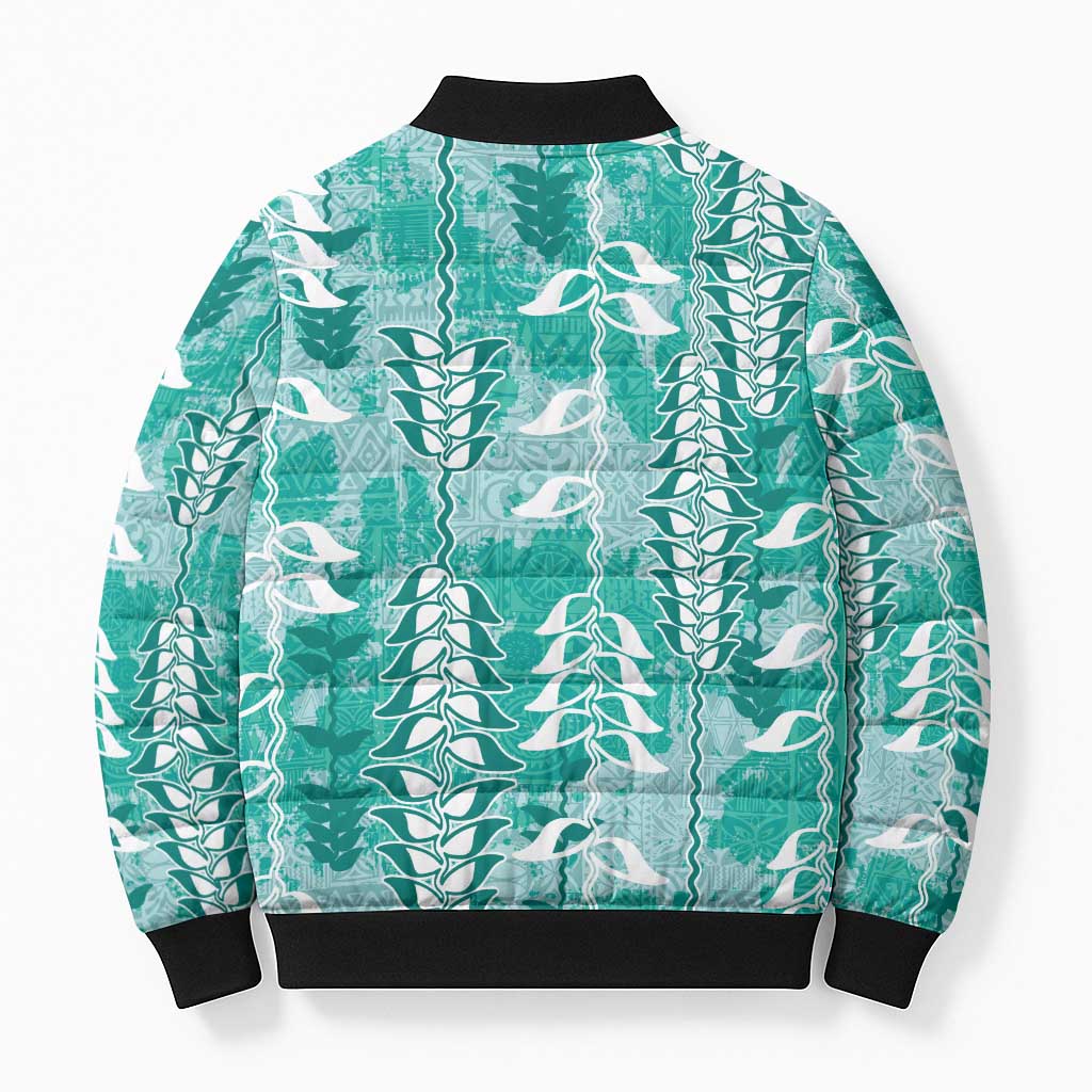 Teal Hawaii Tapa Pattern Bomber Puffer Jacket With Heliconia Vintage Style LT05 - Polynesian Pride
