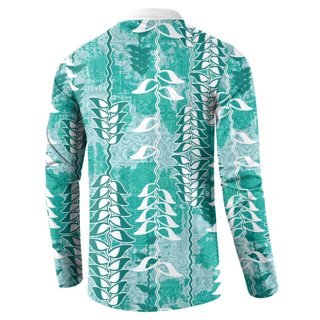 Teal Hawaii Tapa Pattern Button Sweatshirt With Heliconia Vintage Style LT05 - Polynesian Pride