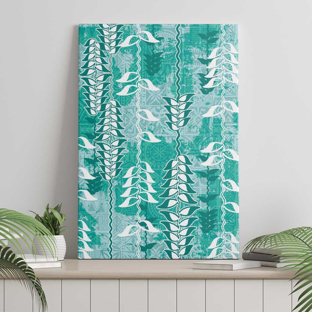 Teal Hawaii Tapa Pattern Canvas Wall Art With Heliconia Vintage Style LT05 - Polynesian Pride