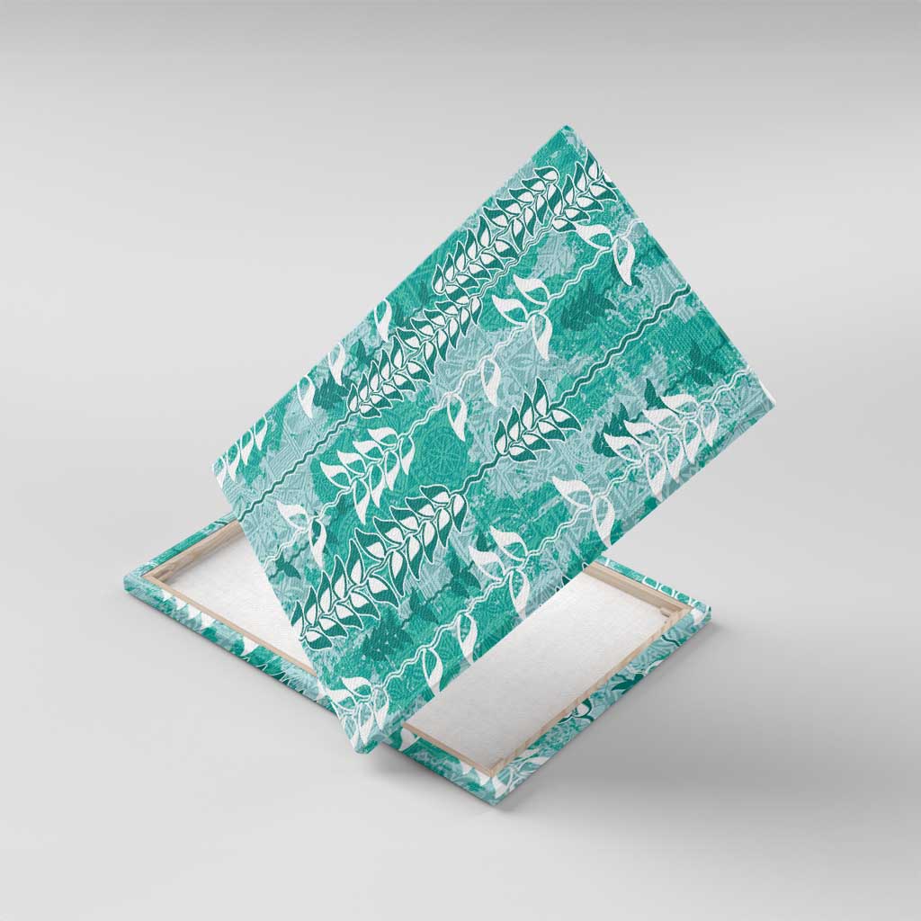 Teal Hawaii Tapa Pattern Canvas Wall Art With Heliconia Vintage Style LT05 With Frame Teal - Polynesian Pride