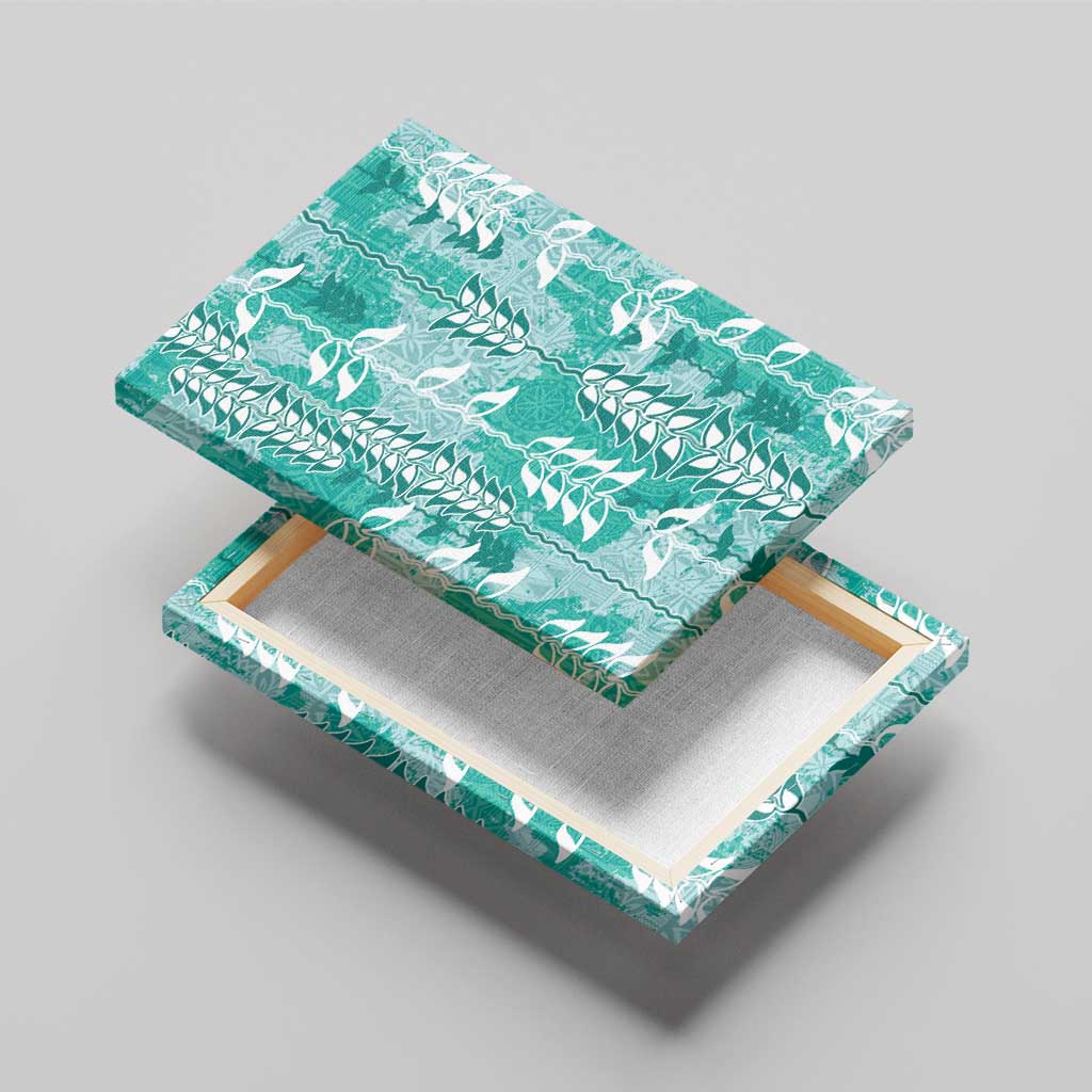 Teal Hawaii Tapa Pattern Canvas Wall Art With Heliconia Vintage Style LT05 - Polynesian Pride