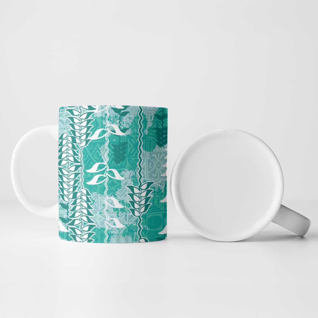 Teal Hawaii Tapa Pattern Ceramic Mug With Heliconia Vintage Style LT05 - Polynesian Pride