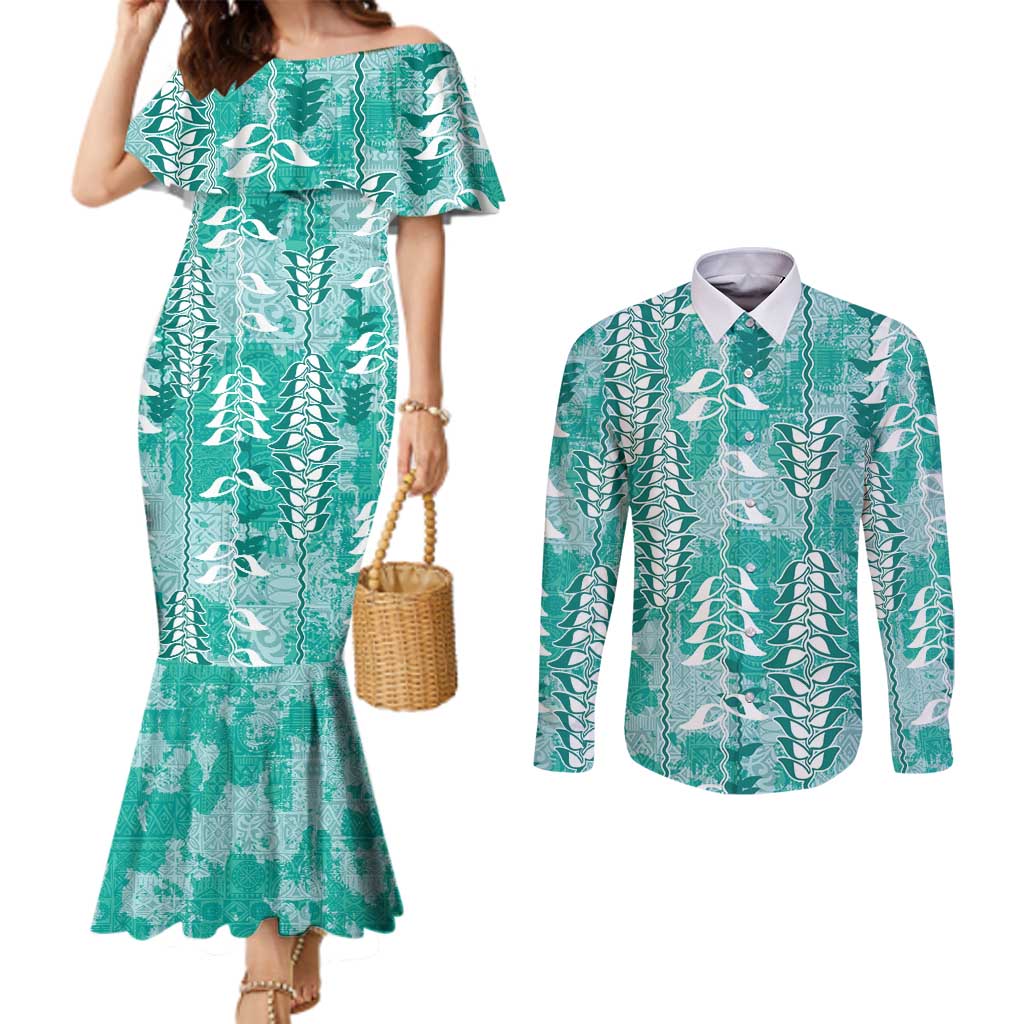 Teal Hawaii Tapa Pattern Couples Matching Mermaid Dress and Long Sleeve Button Shirt With Heliconia Vintage Style