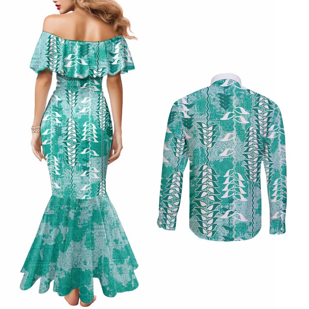 Teal Hawaii Tapa Pattern Couples Matching Mermaid Dress and Long Sleeve Button Shirt With Heliconia Vintage Style