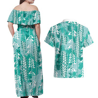 Teal Hawaii Tapa Pattern Couples Matching Off Shoulder Maxi Dress and Hawaiian Shirt With Heliconia Vintage Style