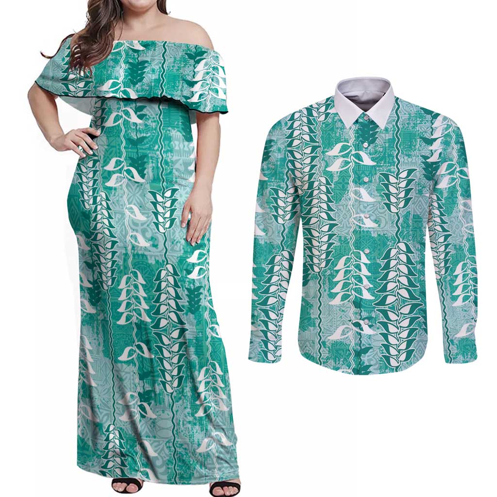Teal Hawaii Tapa Pattern Couples Matching Off Shoulder Maxi Dress and Long Sleeve Button Shirt With Heliconia Vintage Style LT05 Teal - Polynesian Pride