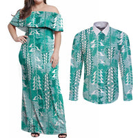 Teal Hawaii Tapa Pattern Couples Matching Off Shoulder Maxi Dress and Long Sleeve Button Shirt With Heliconia Vintage Style LT05 Teal - Polynesian Pride