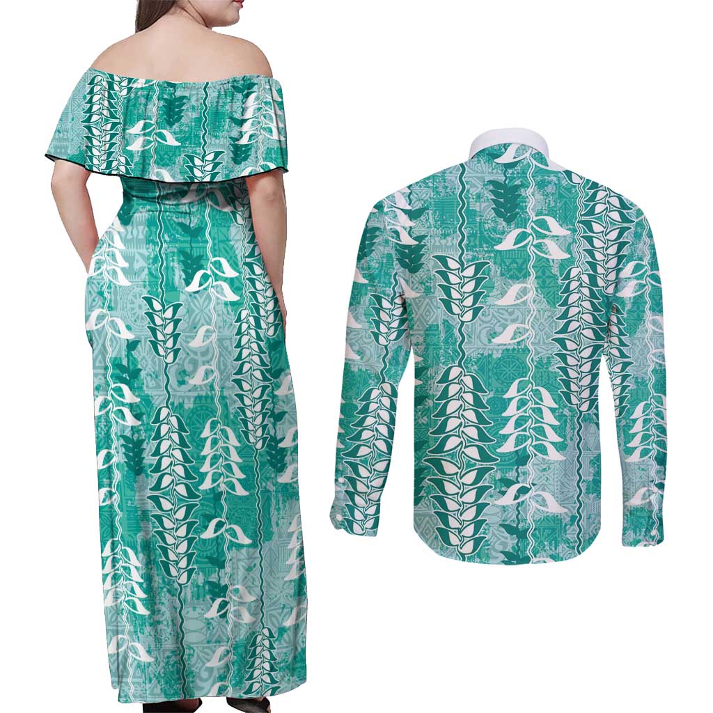 Teal Hawaii Tapa Pattern Couples Matching Off Shoulder Maxi Dress and Long Sleeve Button Shirt With Heliconia Vintage Style LT05 - Polynesian Pride