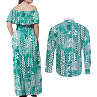 Teal Hawaii Tapa Pattern Couples Matching Off Shoulder Maxi Dress and Long Sleeve Button Shirt With Heliconia Vintage Style LT05 - Polynesian Pride