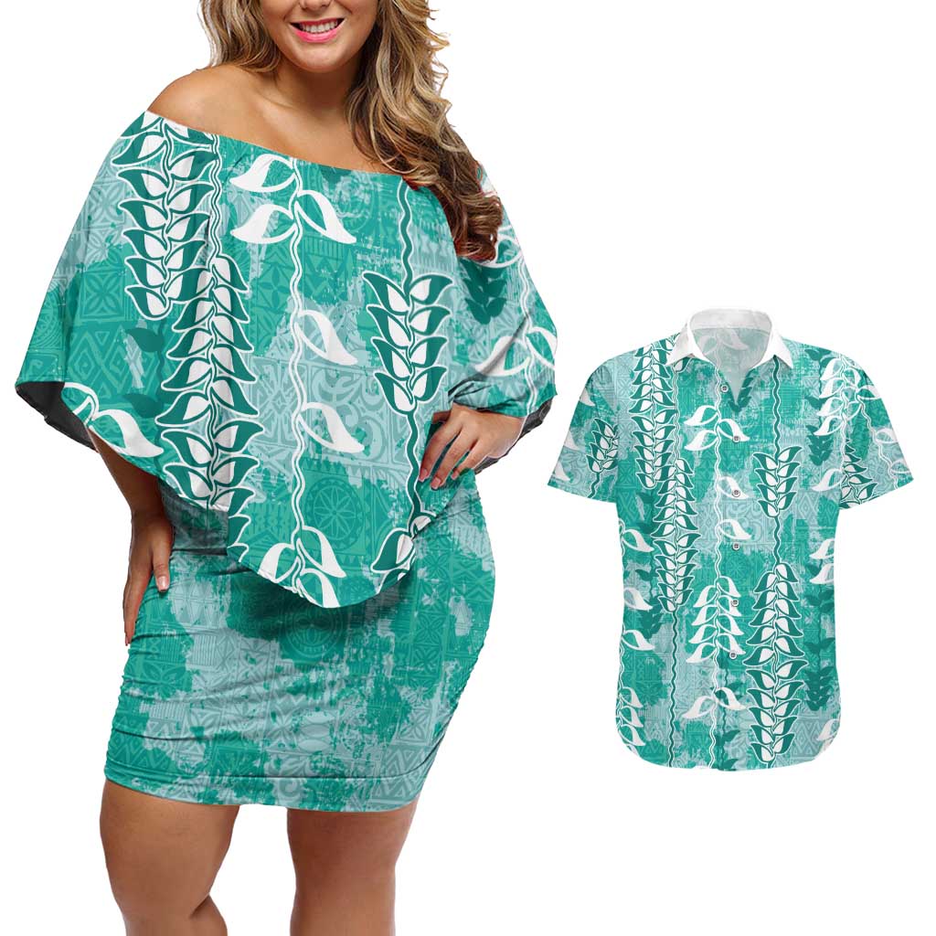 Teal Hawaii Tapa Pattern Couples Matching Off Shoulder Short Dress and Hawaiian Shirt With Heliconia Vintage Style LT05 Teal - Polynesian Pride