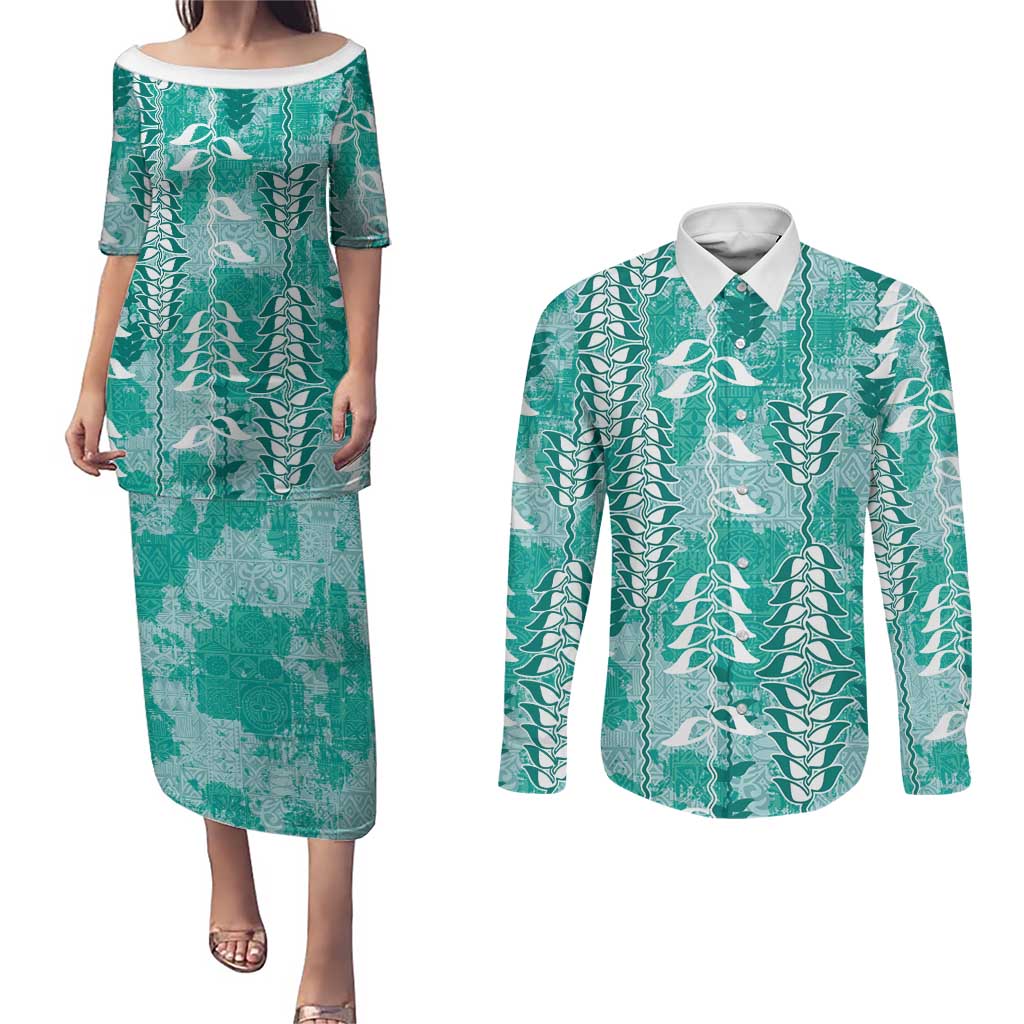 Teal Hawaii Tapa Pattern Couples Matching Puletasi and Long Sleeve Button Shirt With Heliconia Vintage Style LT05 Teal - Polynesian Pride