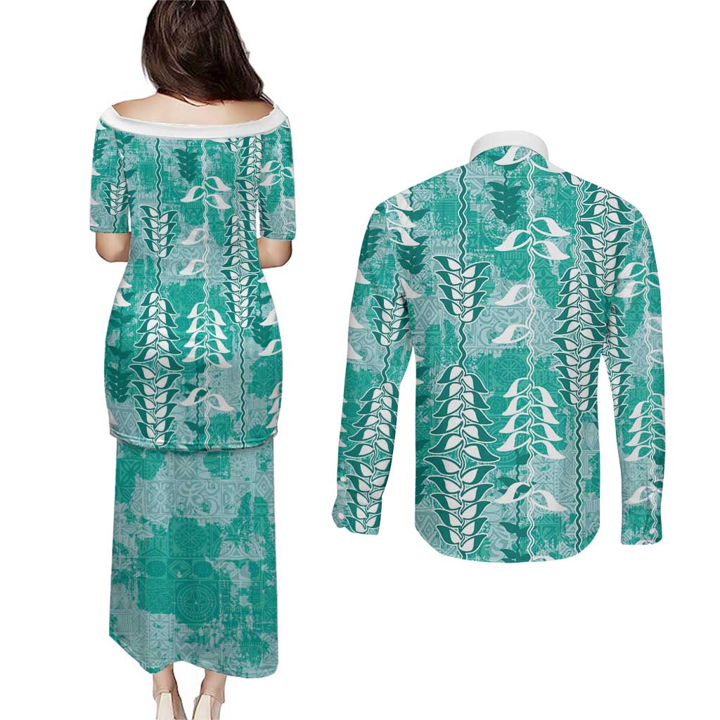Teal Hawaii Tapa Pattern Couples Matching Puletasi and Long Sleeve Button Shirt With Heliconia Vintage Style LT05 - Polynesian Pride