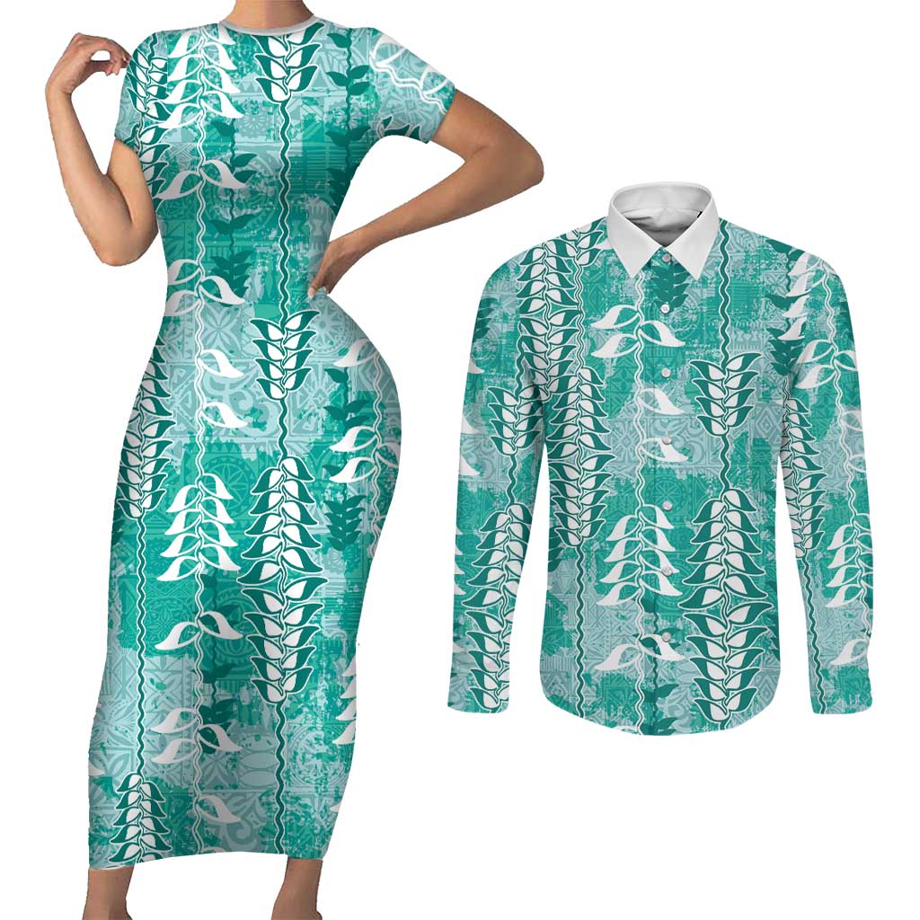 Teal Hawaii Tapa Pattern Couples Matching Short Sleeve Bodycon Dress and Long Sleeve Button Shirt With Heliconia Vintage Style LT05 Teal - Polynesian Pride