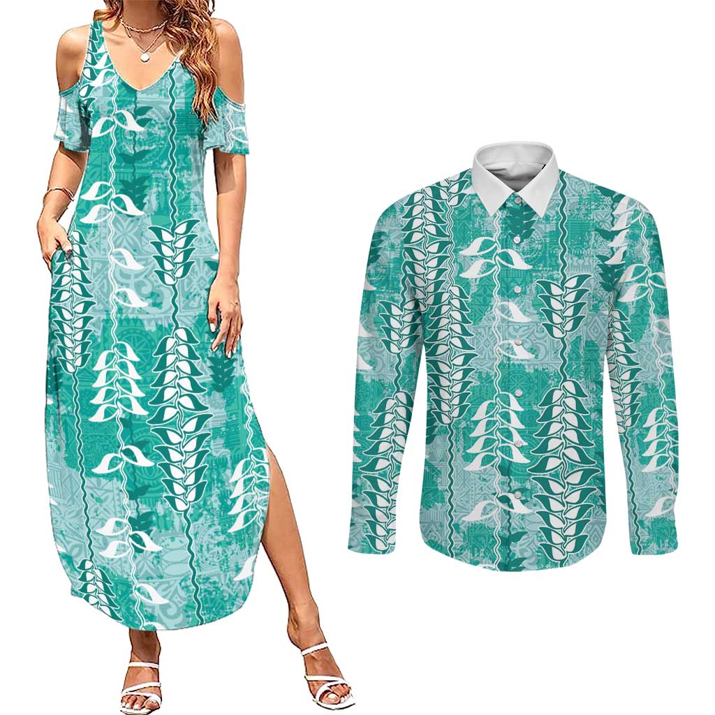 Teal Hawaii Tapa Pattern Couples Matching Summer Maxi Dress and Long Sleeve Button Shirt With Heliconia Vintage Style LT05 Teal - Polynesian Pride