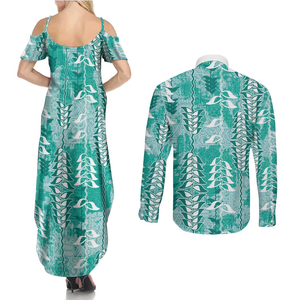 Teal Hawaii Tapa Pattern Couples Matching Summer Maxi Dress and Long Sleeve Button Shirt With Heliconia Vintage Style LT05 - Polynesian Pride