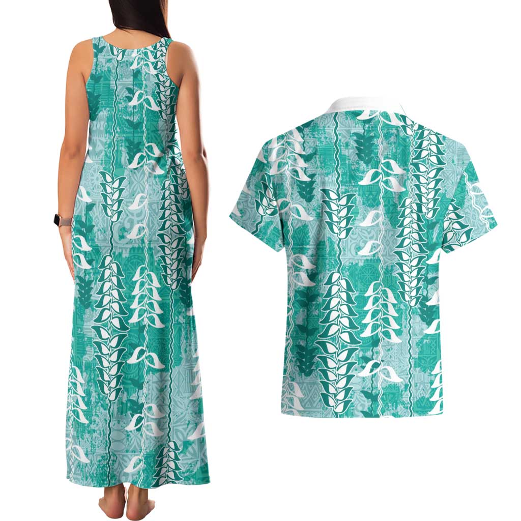 Teal Hawaii Tapa Pattern Couples Matching Tank Maxi Dress and Hawaiian Shirt With Heliconia Vintage Style LT05 - Polynesian Pride