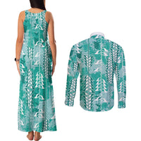 Teal Hawaii Tapa Pattern Couples Matching Tank Maxi Dress and Long Sleeve Button Shirt With Heliconia Vintage Style LT05 - Polynesian Pride