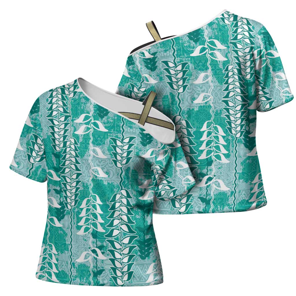 Teal Hawaii Tapa Pattern Cross Shoulder Shirt With Heliconia Vintage Style LT05 - Polynesian Pride